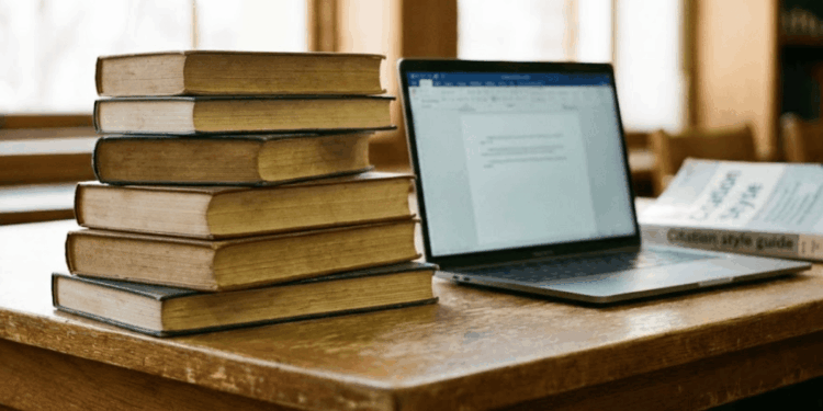 A stack of books next to a laptop, ready for grad school.