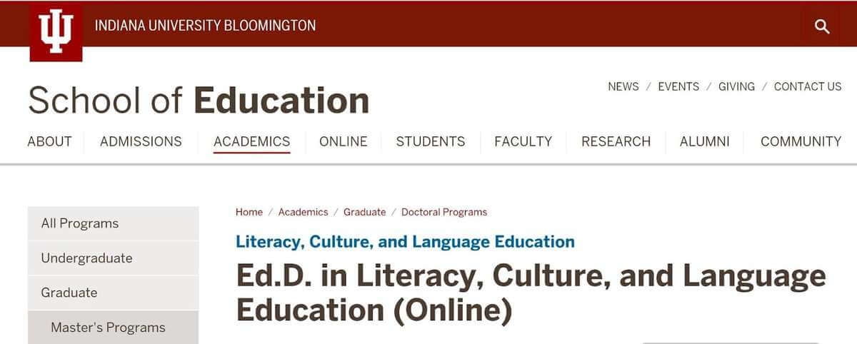 Screenshot of Indiana University’s EdD web page