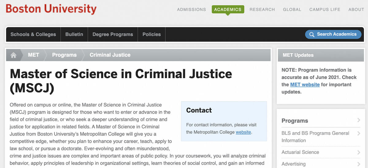 Boston University, Master of Science in Criminal Justice (MSCJ)