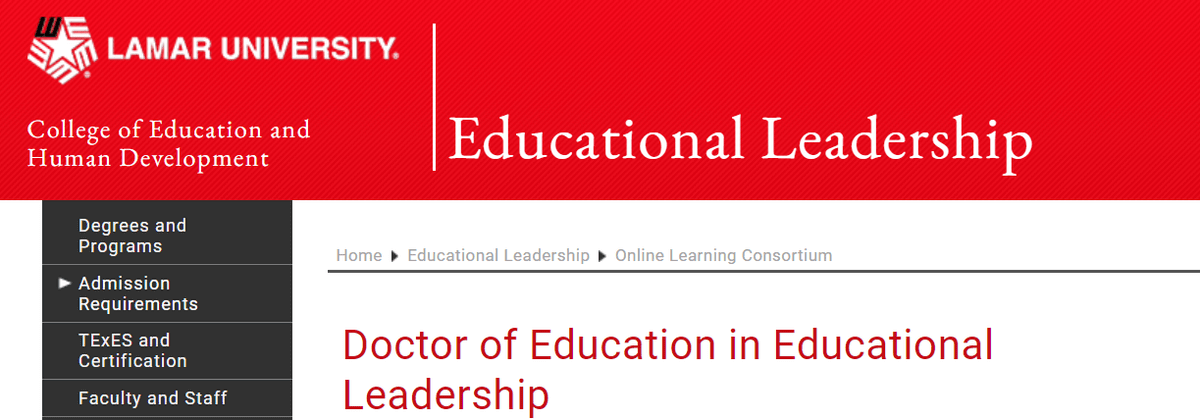 Photo of Lamar University’s web page for the Doctor of Education in Educational Leadership