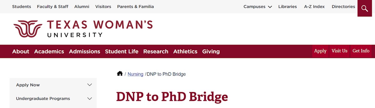 Screenshot of Texas Woman’s University DNP program page