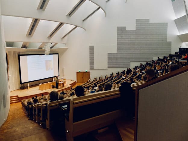 campus lecture, looking down at professor