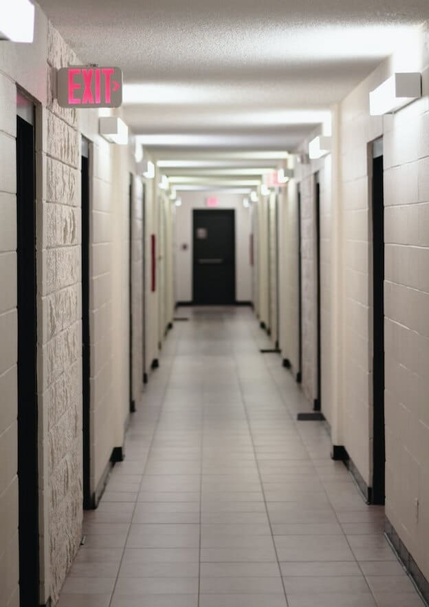 dormitory hallways view white concrete