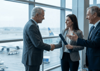 A CEO and CFO meeting an MBA student to talk about scholarships.