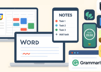 A collage of productivity tools for students, including Word, Notes, and Grammarly.