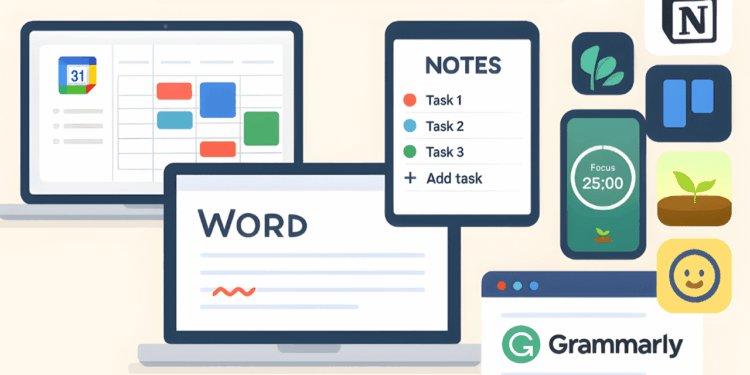 A collage of productivity tools for students, including Word, Notes, and Grammarly.