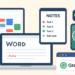A collage of productivity tools for students, including Word, Notes, and Grammarly.