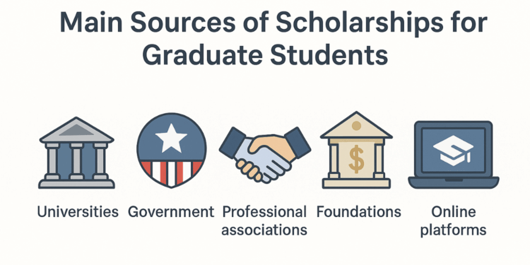 Main sources for grad scholarships include universities, government, professional associations, foundations, and online platforms.